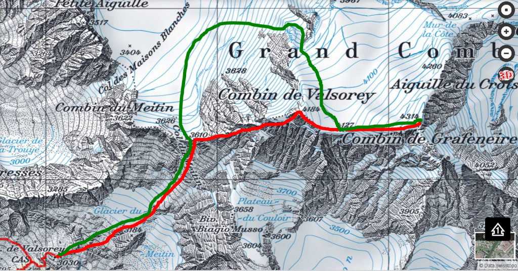 Grand Combin útvonal (zöld fel, piros le)